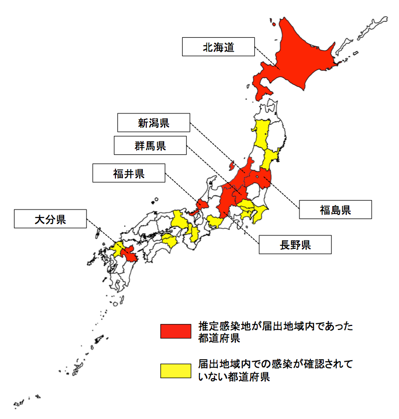 都道府県別、2013年から2018年の感染症法によるライム病届出地の画像